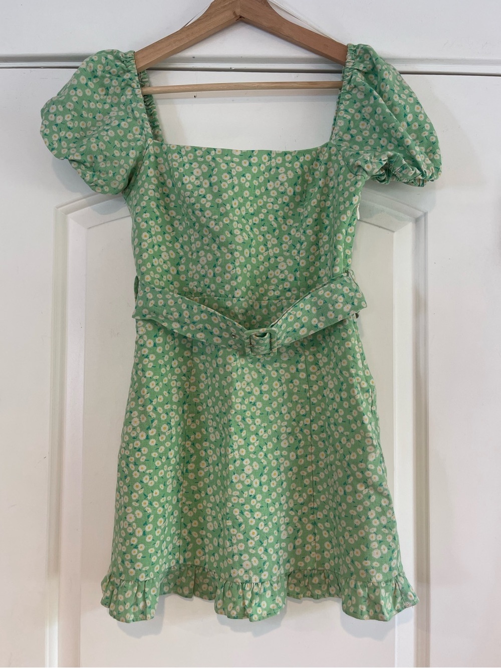 Zara Puff Sleeve Belted Mini Dress Green Floral - XS